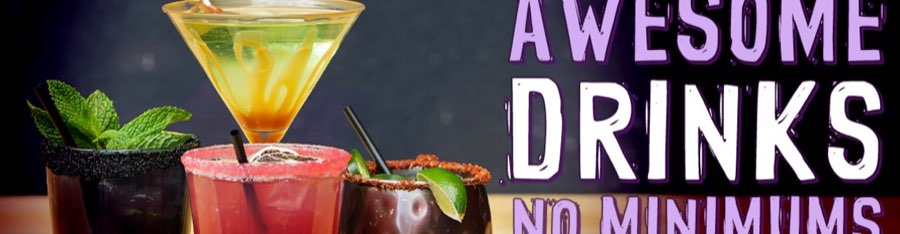 Four cocktails from the Mic Drop bar, including a chili rimmed margarita and a mint topped highball