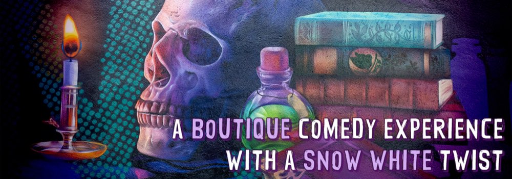 Mic Drop's own artwork: a skull, a glowing potion bottle and stacked spellbooks by candlelight, the Snow White theme that runs through the club